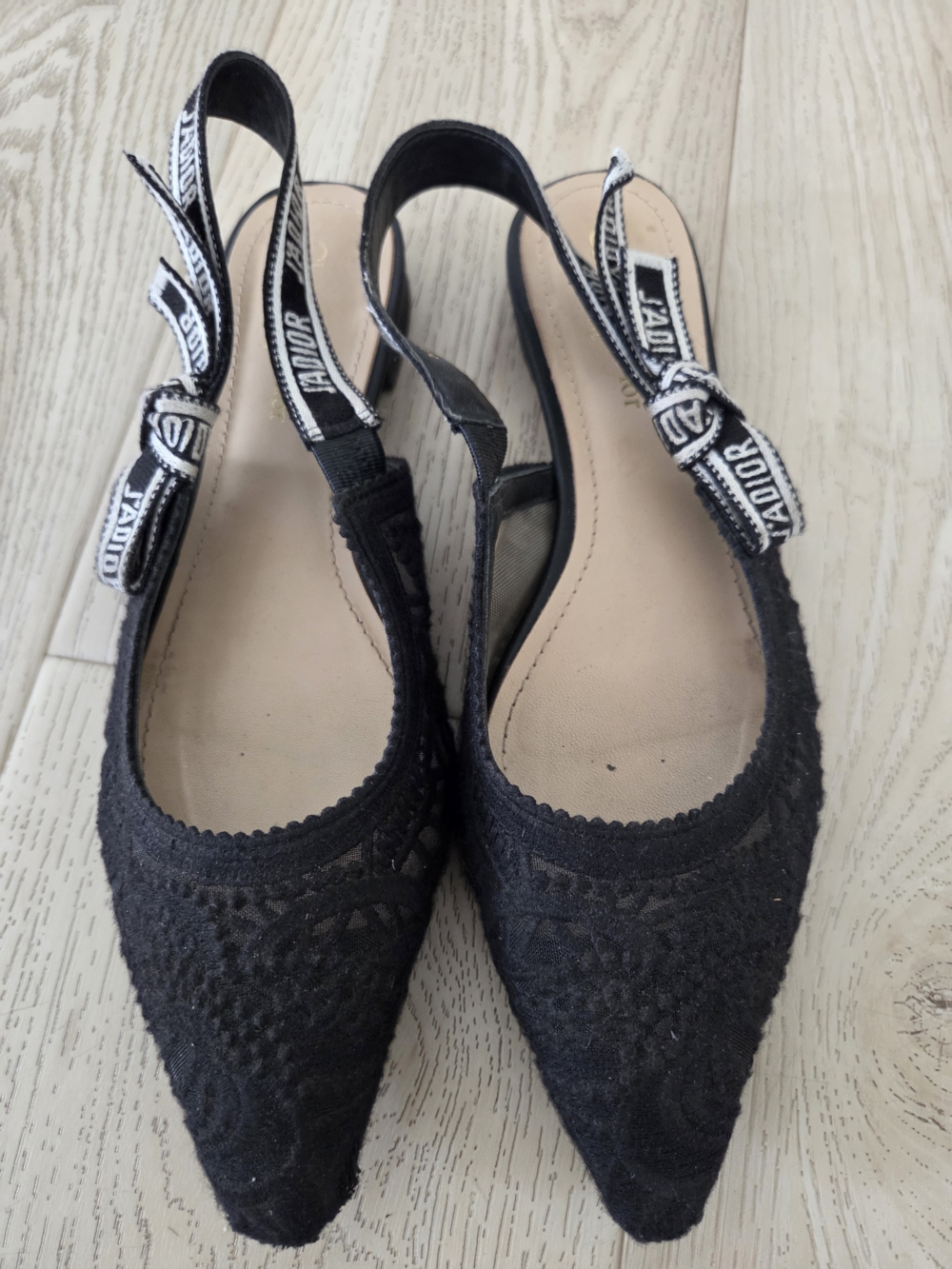 Christian Dior Black Lace Slingback Flats with Branded Ribbon